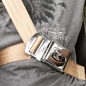VW Volkswagen Wolfsburg 3 point Seat Belt Chrome Buckle Bug Ghia Pair BROWN - Picture 1 of 6