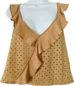 Free People Soulshine Tanktop Rüschen Cropped Ösen tiefer Ausschnitt Gold Small - Bild 1 von 4