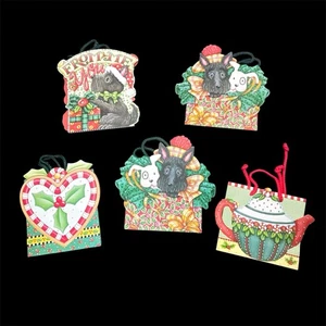 Maria Engelbreit Weihnachten 5er Set Geschenktüten Hunde Stechpalme Beere Feiertage Teekanne - Bild 1 von 12
