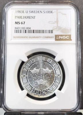 1983 SWEDEN SILVER 100 KRONOR PALIAMENT HOUSE NGC MS 67 SCARCE GEM BU BEAUTY - Image 1 of 3