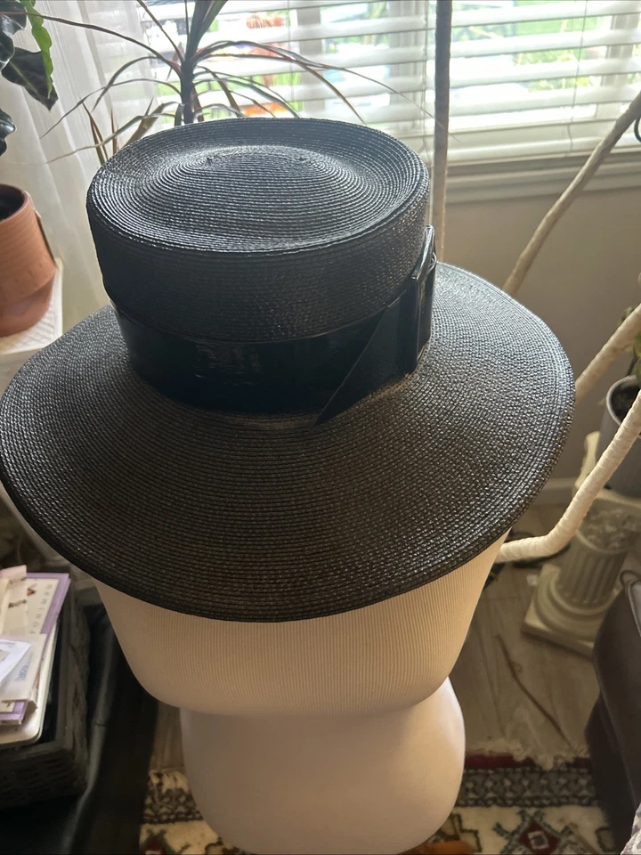 Vintage 1960s Frank Olive for Neiman Marcus Black Straw Brimmed Patented Leather - Image 1 of 4