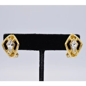 Givenchy Vintage Crystal Clip On Earrings Rhinestone Crystal Gold Signed BinAF - Picture 1 of 12