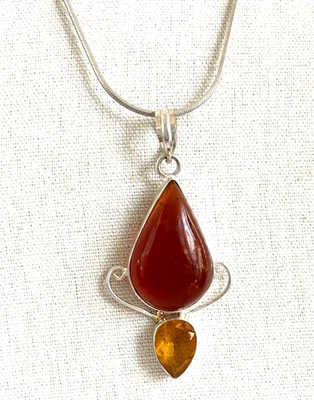 Collar Plata Plata Piedra Lágrima Vidrio Ámbar y Amarillo Cadena 925 Foto 1 de 4