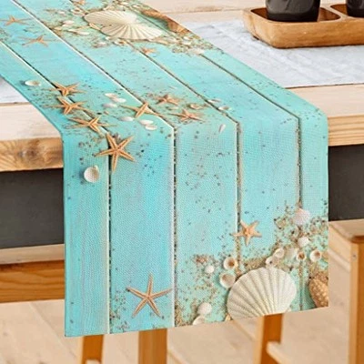 Starfish Seashell Beach Ocean Table Runner 72 Inches Long, Teal Turquoise  - Image 1 of 4