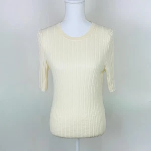 Banana Republic Women L Carino Sweater 100% Merino Wool Half Sleeve Ivory Ribbed - Picture 1 of 13