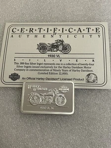 Vintage 1930 VL 74 Harley Davidson- 42.90 Grams .999 Fine Silver Bar + COA - Picture 1 of 12
