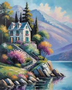 Impressionist Art Print Lake House Scenic View -  Stunning Landscape Wall Decor - Picture 1 of 5