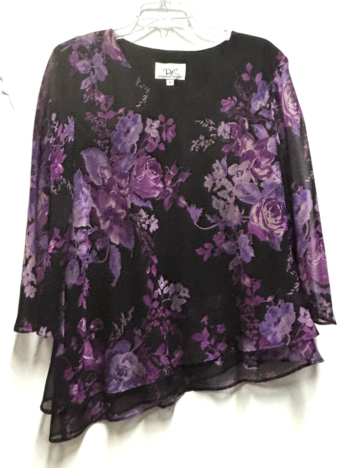 Donna Ricco 黑色紫色 14 上衣不对称下摆半透明分层 — 第 1/2 张图片