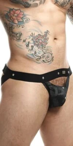 MOB DNGEON Jock Peek-a-Boo Steel Faux-Leather Jockstrap O/S Midnight DMBL04 4 - Picture 1 of 6