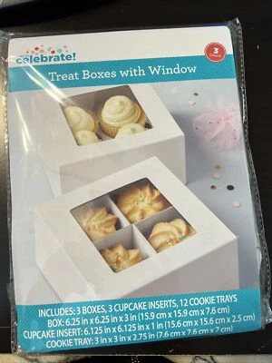 Cajas de golosinas Celebrate con ventanas 6,25 x 6,25 x 3 pasteles y cupcakes 3 unidades Foto 1 de 2