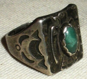 VINTAGE NAVAJO THUNDERBIRD TURQUOISE STERLING SILVER RING W STAMPS SZ 10.5 vafo - Picture 1 of 7