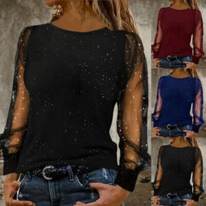 Plus Size Women Shiny Mesh Blouse Tops Ladies Long Sleeve Party Glitter T Shirt - Picture 1 of 15
