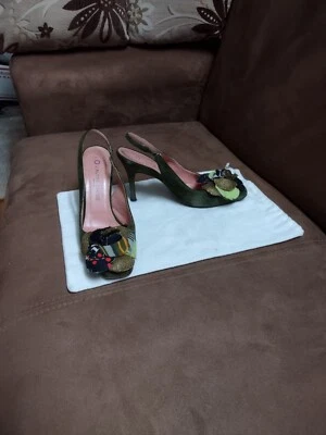 L'autre Chose green suede/fabric flower women's slingback all leather Italy 37.5 - Imagem 1 de 4