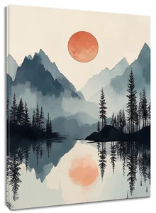 Sunset Nature Landscape Forest Mountain Canvas Wall Art for Bathroom Living Room - Picture 1 of 16