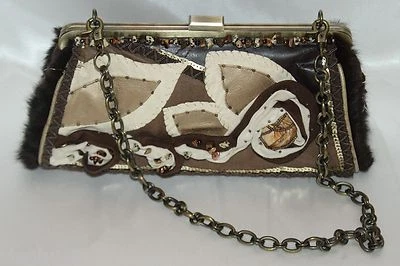 Bolso de Hombro MARY FRANCES Marrón Multi Cuentas Cuero Textil Piel Marco de Piedra Foto 1 de 4