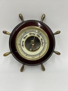 Vintage Brass Wood Ship Wheel Barometer Made In Germany