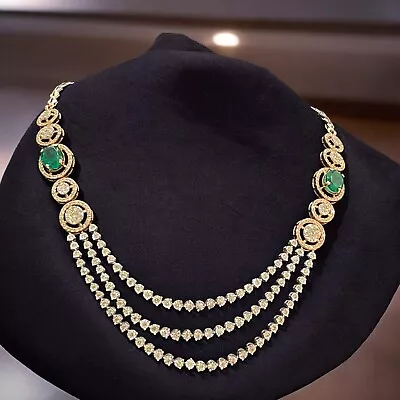 Pave 10.60 Cts Round Brilliant Cut Diamonds Emerald 3-Strand Necklace 14K Gold - Image 1 of 4