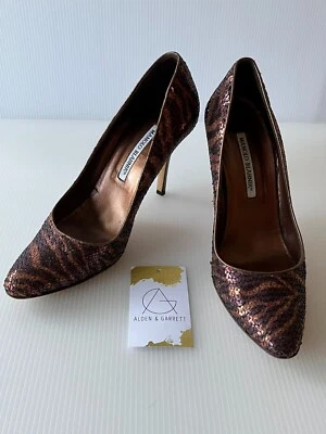 Manolo Blahnik Tacones a Rayas Animales Lentejuelas Púrpura y Bronce, Talla 39 (IT) 9 (EE. UU.) Foto 1 de 4