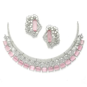 Rhodium Plated Silver Toned pink American Diamond flower two Necklace Earring - Picture 1 of 4