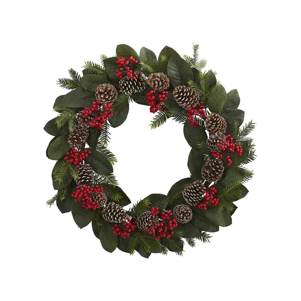 Nearly Natural 30 in. Magnolia Leaf, Berry, Pine Cone Artificial Wreaths, Green - Image 1 of 1