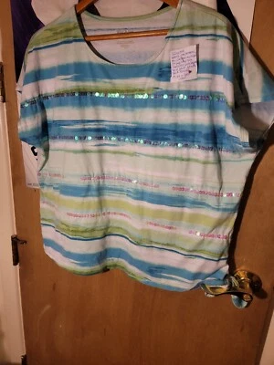 White stag womens xxl (20) teal multicolor striped sequin round Neck sleeveless  - Image 1 of 4