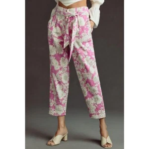 Antik Batik Peony Printed Pants in Pink Size 42/Large Floral Belted Pleated - Picture 1 of 6