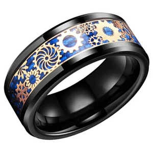 Ebay Wedding Rings for Men 8mm Black Tungsten Band w Blue Inlay Rose Gold Gears - Picture 1 of 6