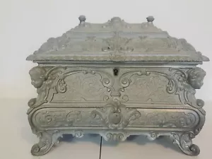 Italian Ornate Cast Pewter Putti Cherub Hinged Jewelry Trinket Lock Box 1800's - Picture 1 of 6