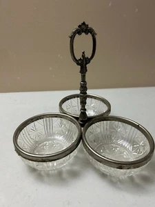 Vintage Condiment Relish Candy Dish Three Round Silver Rim Glass Bowls - Picture 1 of 10