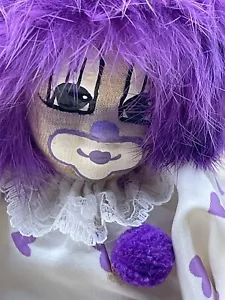 Vintage 8 Zoll handbemaltes Tuch Kiesel/Sand gefüllt Clown lila Haare lila Herzen - Bild 1 von 9