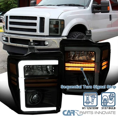 Fits 2008-2010 Ford F250 F350 Black/Smoke Projector Headlights+Sequential LED Foto 1 de 4