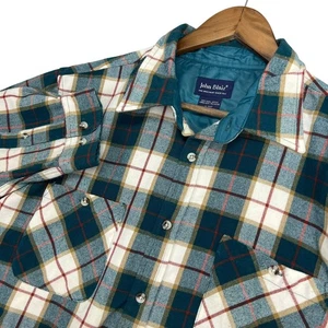 Vintage John Blair Flannel Shirt Plaid Button Up Long Sleeve Teal Mens Large - Picture 1 of 7