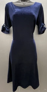 Lands End Samt Kleid M blau Perlen geraffte Ärmel Cocktail Party ruhig Luxus - Bild 1 von 9