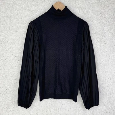 White House Black Market Black Knit Turtleneck Pleated Sleeve Sweater Top Size S - Image 1 of 4