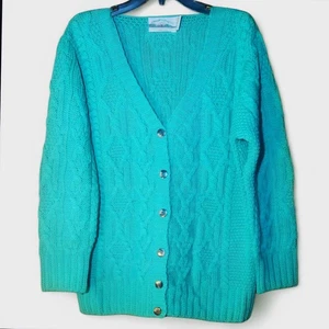 Aran Crafts Womens Green Merino Wool Cable Knit Button-Up Cardigan Sweater NWOT' - Picture 1 of 10