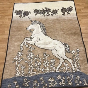 Vtg UNICORN Throw Blanket Virgin Acrylic Floral Whimsical Whimsigoth Unique 80s - Picture 1 of 11