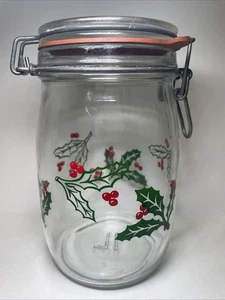 Barattolo caramelle agrifoglio natalizio vintage vetro trasparente vaso natalizio coperchio incernierato - Foto 1 di 5