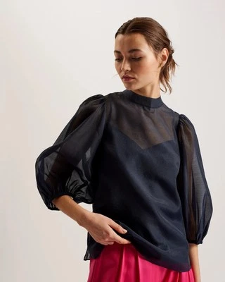 Ted Baker Navy Blue Sheer  Balloon Sleeve Organza Frias Blouse Top Size 1 UK 8 - Image 1 of 4