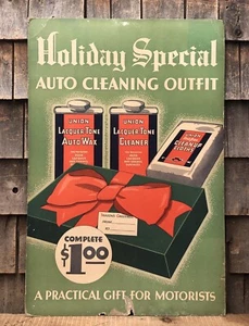 Vintage UNION Oil Can Auto Cleaning Outfit Holiday Special Advertising Sign 30” - Picture 1 of 12