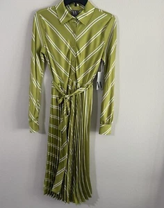 Worthington Women’s Long Sleeve Satin Collar Pockets Pleated Green Dress XS New - Picture 1 of 9