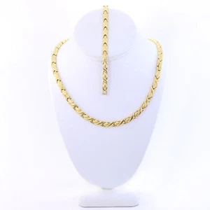 Hugs & Kisses Necklace Stampato Stainless Steel Gold Plated 18" XO Bracelet Set - Picture 1 of 2