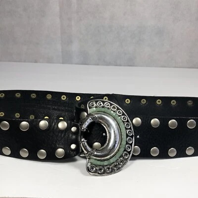 Cinturón LEATHEROCK Cuero Negro Plata Tachonado Cristales y Piedra #8786 Hebilla Foto 1 de 4