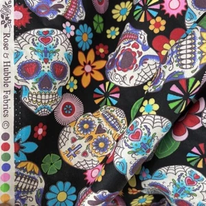 SUGAR SKULLS 100% Cotton Poplin Dress Fabric Gothic Bridal Wedding 112cm BLACK - Picture 1 of 6
