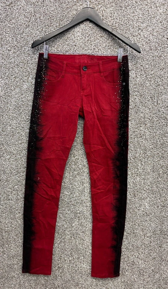 Truce Red Skinny Jeans Black Sides & Rhinestones Stretch Denim Juniors Size 3 - Image 1 of 4