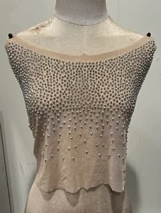 Nude Silver Rhinestone Beads Stretch Appliqué  Collar Trim Fabric - Picture 1 of 6