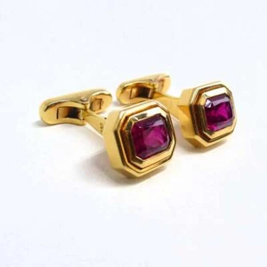 Two Top Quality Facetted 5CT Rubelites In Emerald Shape 10K Yellow Gold Cufflink - Picture 1 of 6