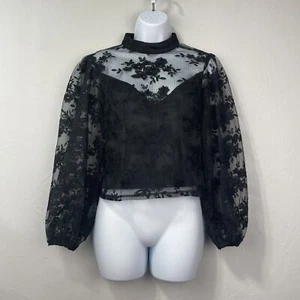 Top blusa pesca donna taglia M nero ricamato floreale collo alto manica a sbuffo - Foto 1 di 11