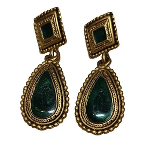 Pendientes Joya Verde Tono Dorado Gota Distintivo Perforado Post Bohemio Cuelga - Imagen 1 de 6