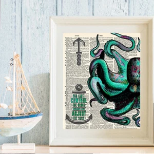 ART PRINT ORIGINAL ANTIQUE BOOK PAGE Vintage Dictionary NAUTICAL OCTOPUS - Picture 1 of 5
