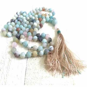 Halskette 8 mm mattiert Amazoniumit 108 Edelstein Perlen Quasten - Bild 1 von 3